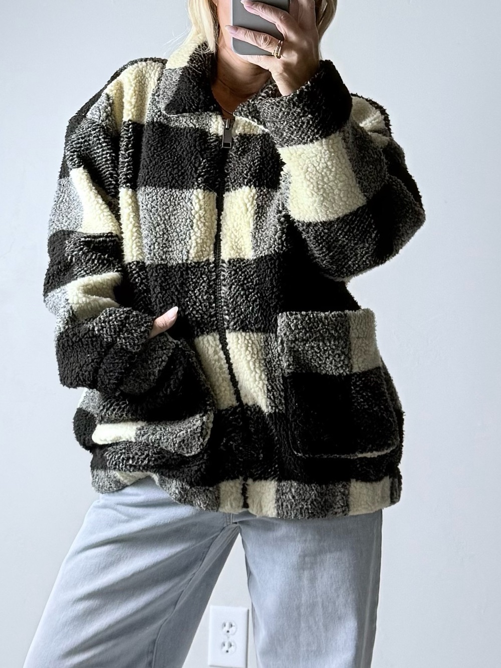 American Eagle Outfitters Black & Cream Checkered Teddy Jacket